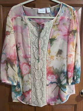 Chico's Multicolor Floral Watercolor Blouse with Cream Lace Trim